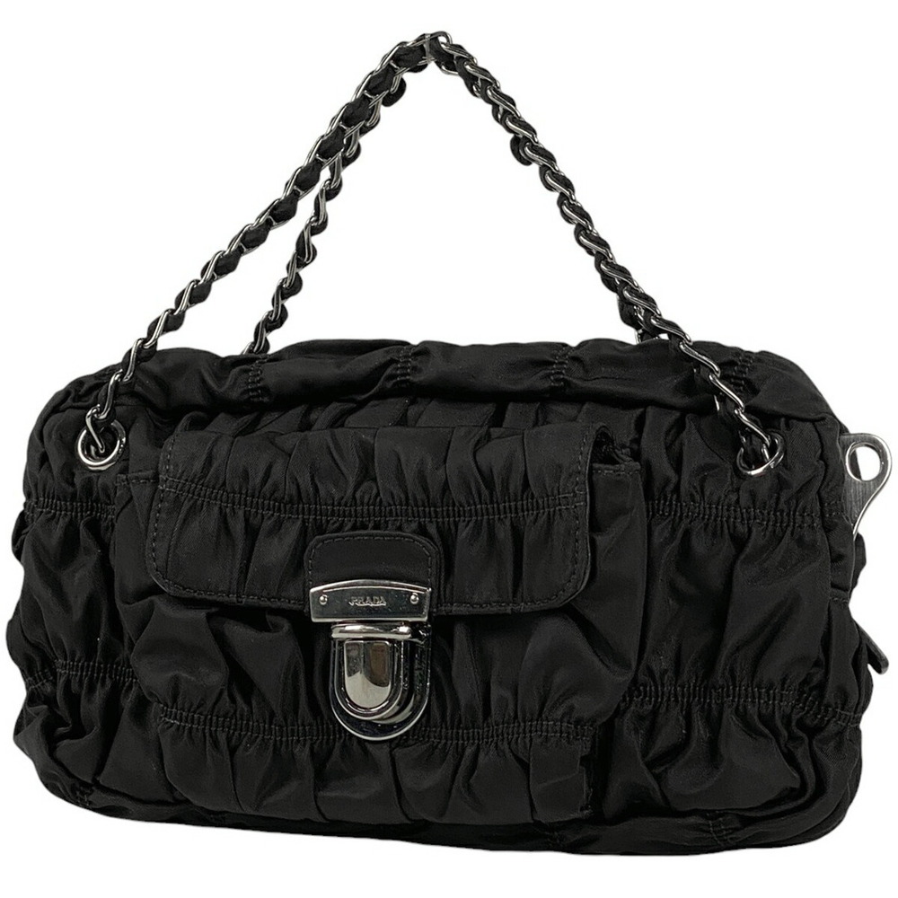 Prada Logo Chain Handbag Shoulder Bag Gathered Nero Black